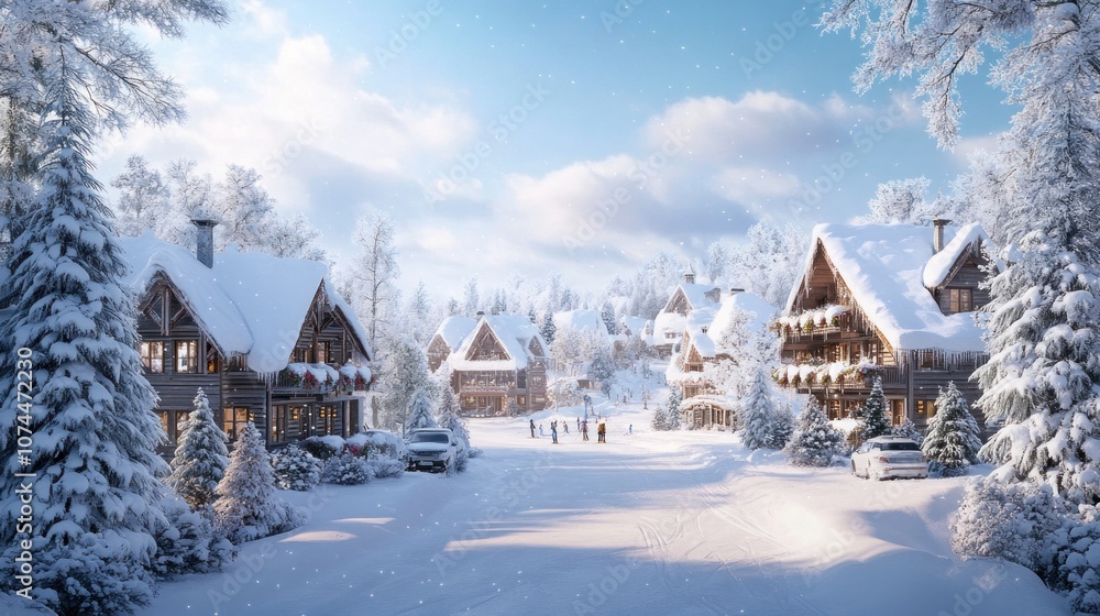 Naklejka premium Snow-covered ski resort with cozy chalets, festive atmosphere, ideal winter getaway, scenic and welcoming