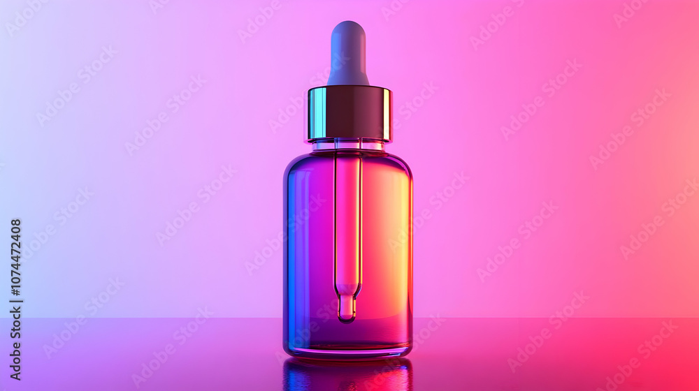 Glass Dropper Bottle with Neon Gradient Background - 3D Illustration Glass Dropper Bottle with Neon Gradient Background - 3D Illustration