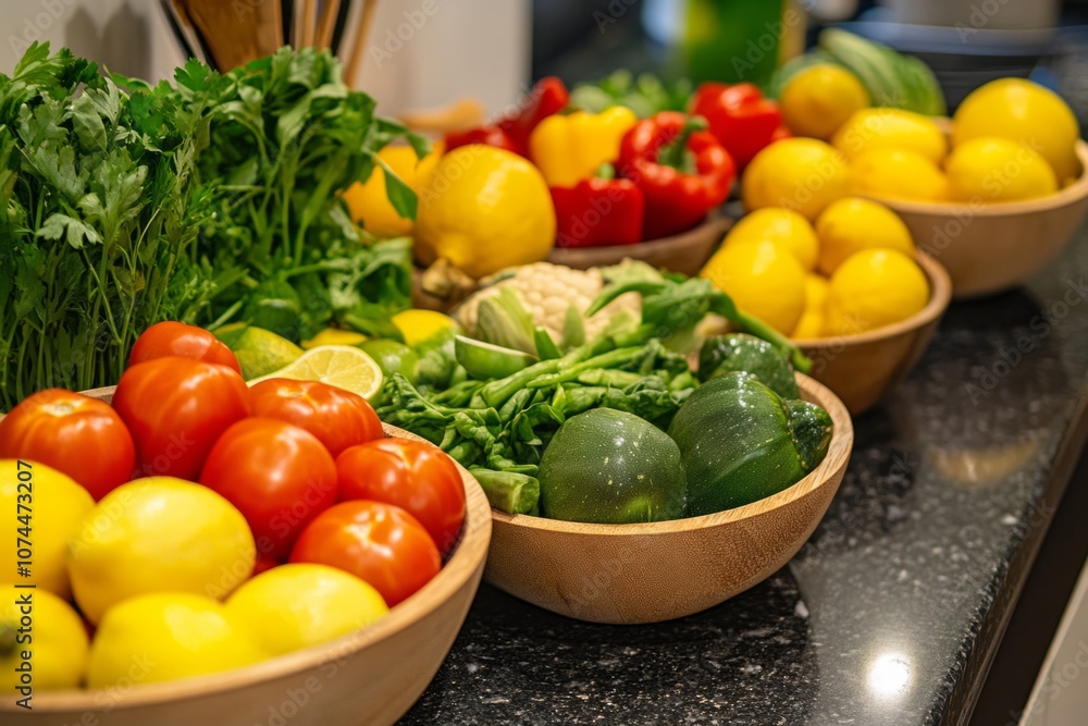 Fresh vegetables and fruits arranged in bowls on a kitchen counter. Bright colors of lemon, tomato, and green herbs create a vibrant look. Perfect for food lovers. Generative AI Fresh vegetables and fruits arranged in bowls on a kitchen counter. Bright colors of lemon, tomato, and green herbs create a vibrant look. Perfect for food lovers. Generative AI