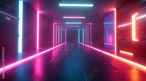 Vibrant Neon Hallway with Luminous Beams of Light