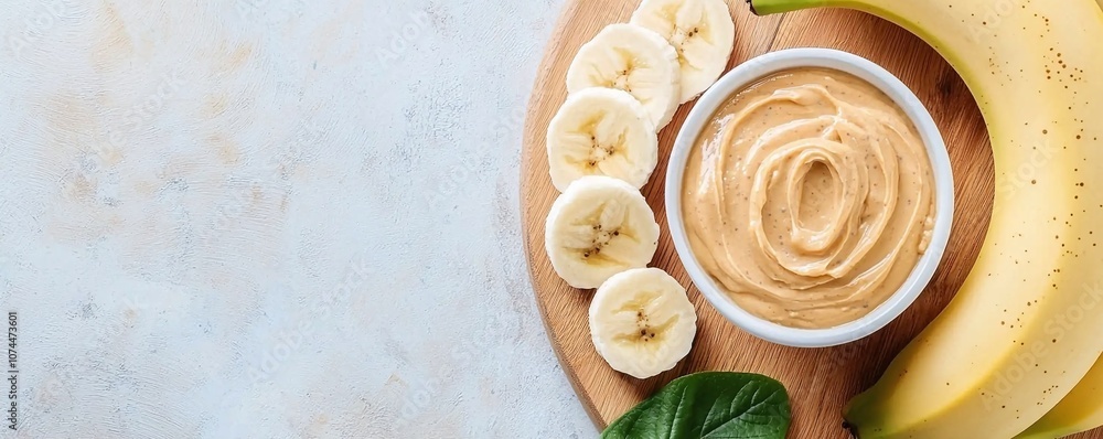 Banana slice energy concept. A creamy spread accompanied by banana slices on a wooden platter, showcasing a healthy and delicious snack option. Banana slice energy concept. A creamy spread accompanied by banana slices on a wooden platter, showcasing a healthy and delicious snack option.