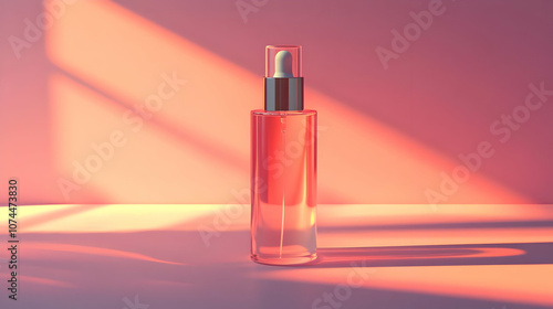 Glass Bottle with Dropper on Pink and Orange Background - 3D Illustration
