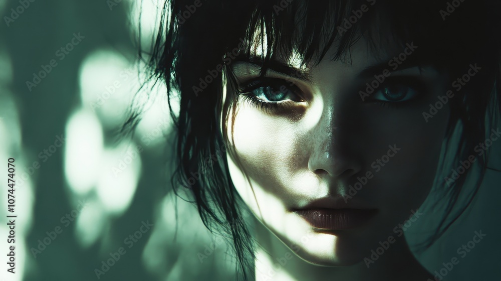 Close-up Portrait of a Woman with Green Eyes and Dark Hair in Shadowy Lighting Close-up Portrait of a Woman with Green Eyes and Dark Hair in Shadowy Lighting