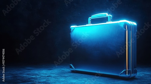 A glowing metal briefcase on a dark background with a blue light. A shiny metallic case for a business presentation. Template concept with copy space