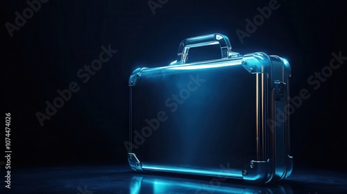 A glowing metal briefcase on a dark background with copy space and a blue light. A shiny metallic case for a business presentation. Template concept with empty space for text or logo