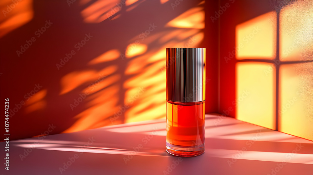 Glass Bottle with Orange Liquid on Pink Surface with Sunlight Glass Bottle with Orange Liquid on Pink Surface with Sunlight