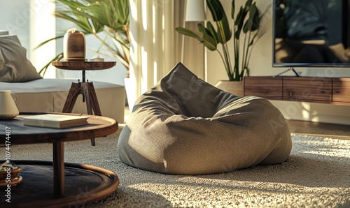 Cozy reading nook with brown triangle bean bag chair and dark round wooden coffee table in a modern living room with soft lighting