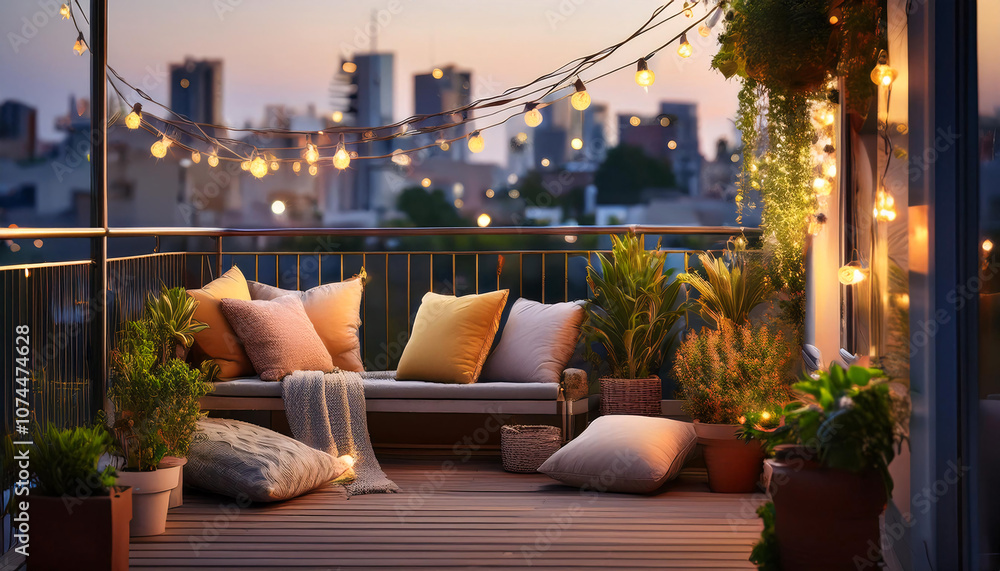 Fototapeta premium Cozy Urban Balcony with Plants and String Lights