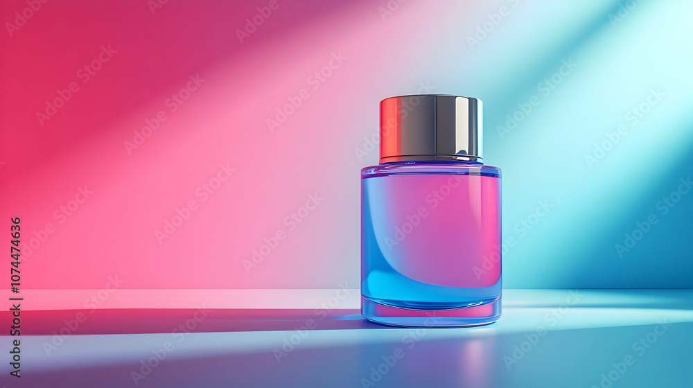 Blue Glass Bottle with Silver Cap on Blue and Pink Background - 3d Illustration Blue Glass Bottle with Silver Cap on Blue and Pink Background - 3d Illustration