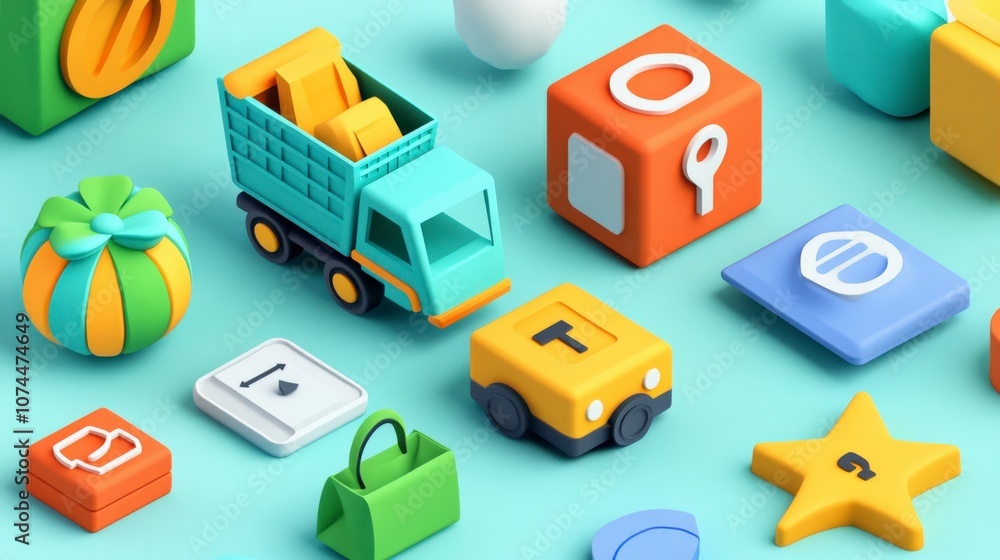 Vibrant Geometric Toy Shapes and Vehicles on Teal Background Vibrant Geometric Toy Shapes and Vehicles on Teal Background