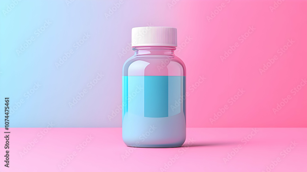 3D Render of a Glass Bottle with Blue Liquid on a Pink and Blue Background 3D Render of a Glass Bottle with Blue Liquid on a Pink and Blue Background