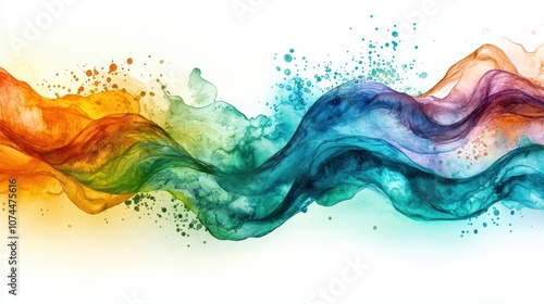 Vibrant and Colorful Abstract Waves with Fluid Motion and Splashes of Watercolor in Orange, Blue, Green, and Purple Hues to Create a Dynamic and Artistic Background