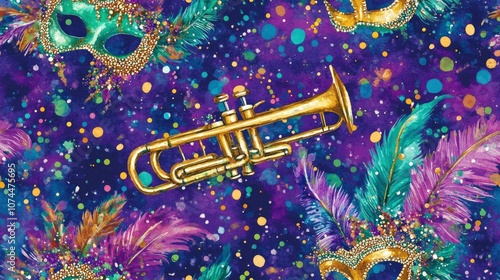 Watercolor illustration of a trumpet and carnival masks with feathers on a blue background.