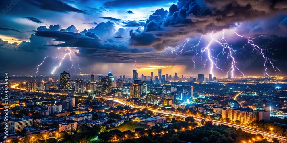 Fototapeta premium Captivating Tilt-Shift Night Cityscape Photography Featuring a Stunning Lightning Storm Over Urban Skyline with Dramatic Clouds and Illuminated Buildings