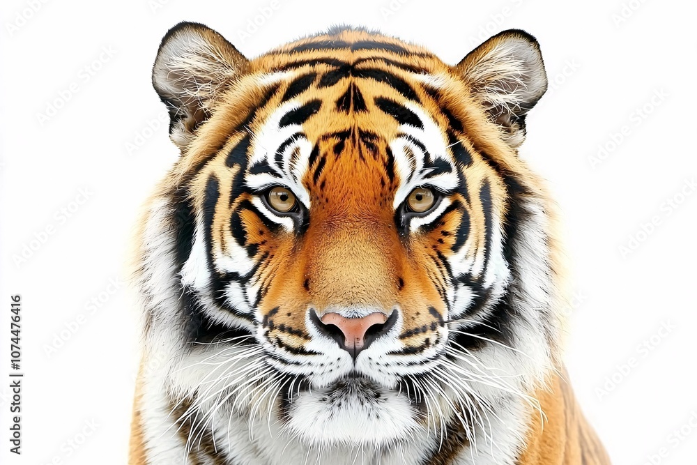 Fototapeta premium A detailed illustration of a majestic tiger's face, highlighting its vivid orange fur and bold black stripes against a white background.