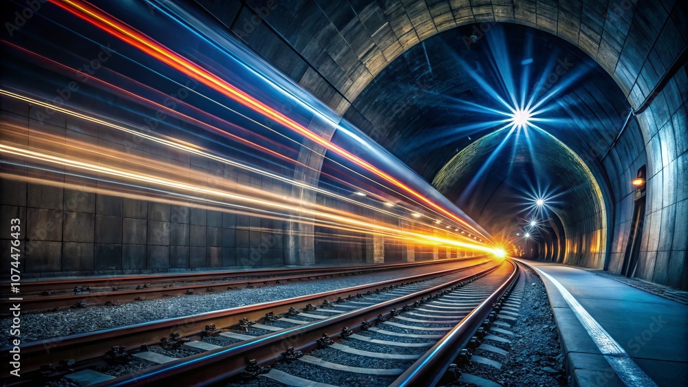 Captivating Train Lights Streaking Through a Dark Tunnel, Illuminating the Path with Dynamic Motion and Vibrant Colors, Perfect for Transport and Travel Themes Captivating Train Lights Streaking Through a Dark Tunnel, Illuminating the Path with Dynamic Motion and Vibrant Colors, Perfect for Transport and Travel Themes