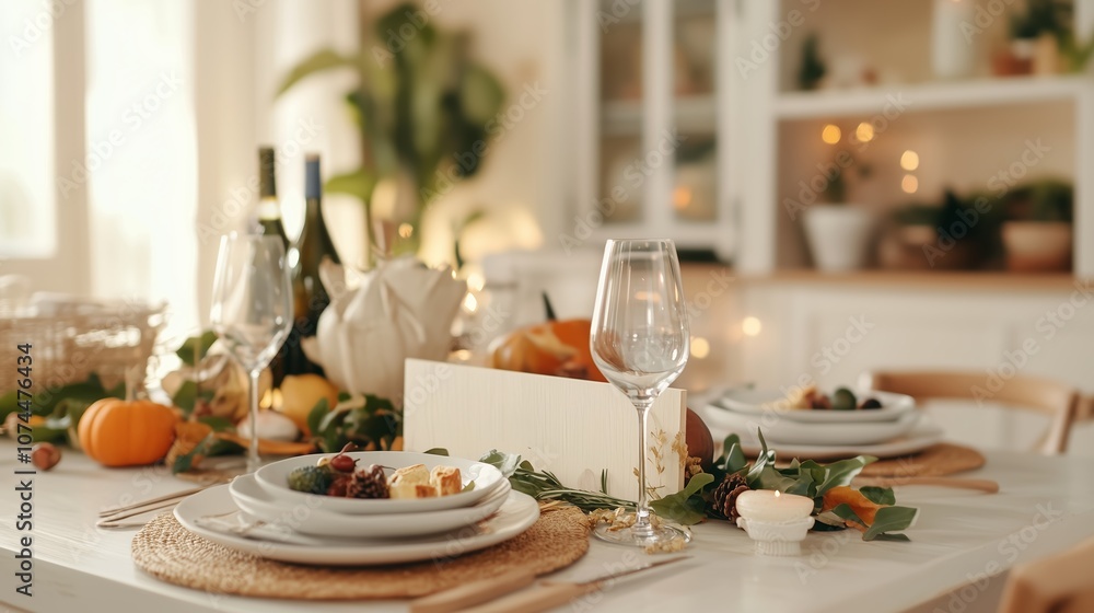 Elegant dining setup featuring seasonal decor and dishes in a cozy kitchen during autumn Elegant dining setup featuring seasonal decor and dishes in a cozy kitchen during autumn