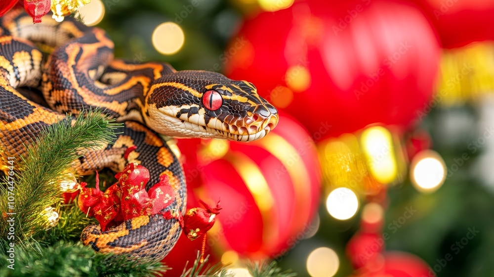Golden Python Amidst Festive Chinese New Year Decorations with Sparkling Lights and Red Ornaments Golden Python Amidst Festive Chinese New Year Decorations with Sparkling Lights and Red Ornaments