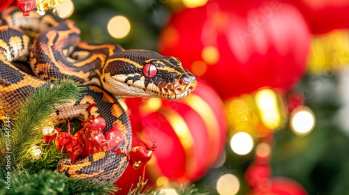 Golden Python Amidst Festive Chinese New Year Decorations with Sparkling Lights and Red Ornaments