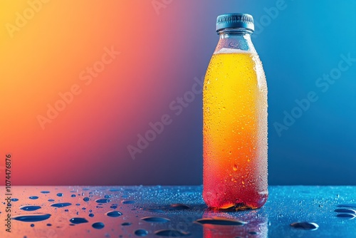 Rehydration with iced sports drink, vibrant color, droplets on the bottle, ideal for post-workout refreshment