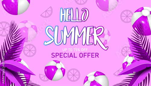 up to 75% off special offer. discount,promotion and bonus concept hello summer business marketing sale banner vector illustration.paper art tropical leaves and beach balls decorative background.