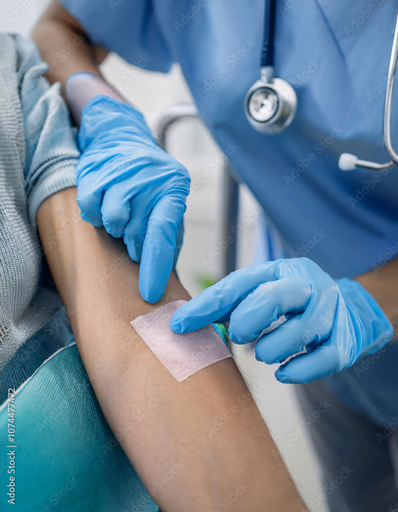 Doctor’s Hand Placing a Small Bandage Over the Injection Site Doctor’s Hand Placing a Small Bandage Over the Injection Site