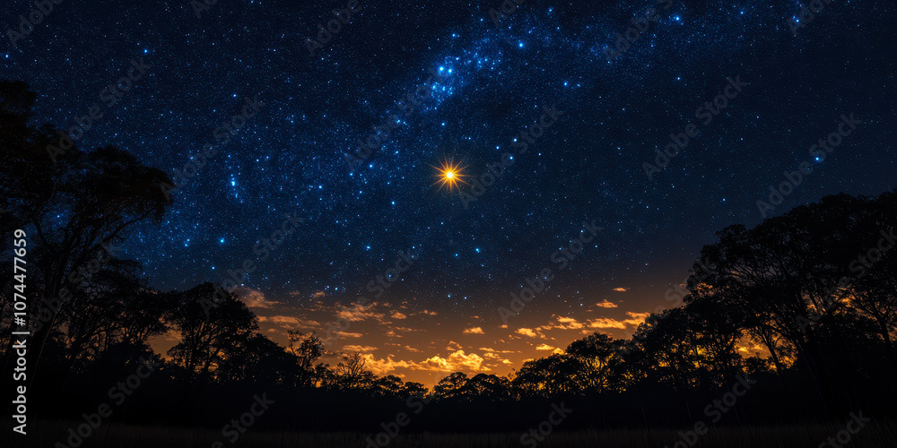 Luminous Starry Night Sky with Bright Star and Clouds Over Silhouetted Trees Luminous Starry Night Sky with Bright Star and Clouds Over Silhouetted Trees