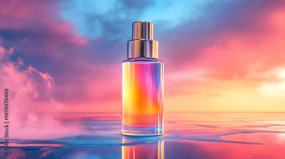 Glass Bottle Mockup with Colorful Sky Background - 3D Illustration Glass Bottle Mockup with Colorful Sky Background - 3D Illustration