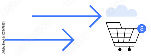 Three arrows point toward a shopping cart with a 3 badge and a cloud. Ideal for online shopping, ecommerce, cloud integration, digital transactions, data transfer, connectivity, internet services
