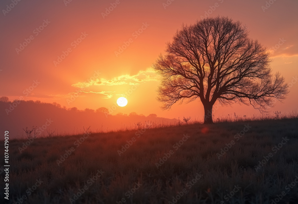 Tranquil sunrise with silhouetted tree Tranquil sunrise with silhouetted tree