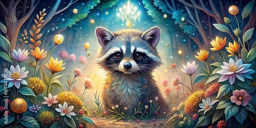 Dreamlike Watercolor Raccoon in a Mystical Forest with Ethereal Colors and Abstract Elements Capturing the Essence of Nature's Whimsy and Playfulness