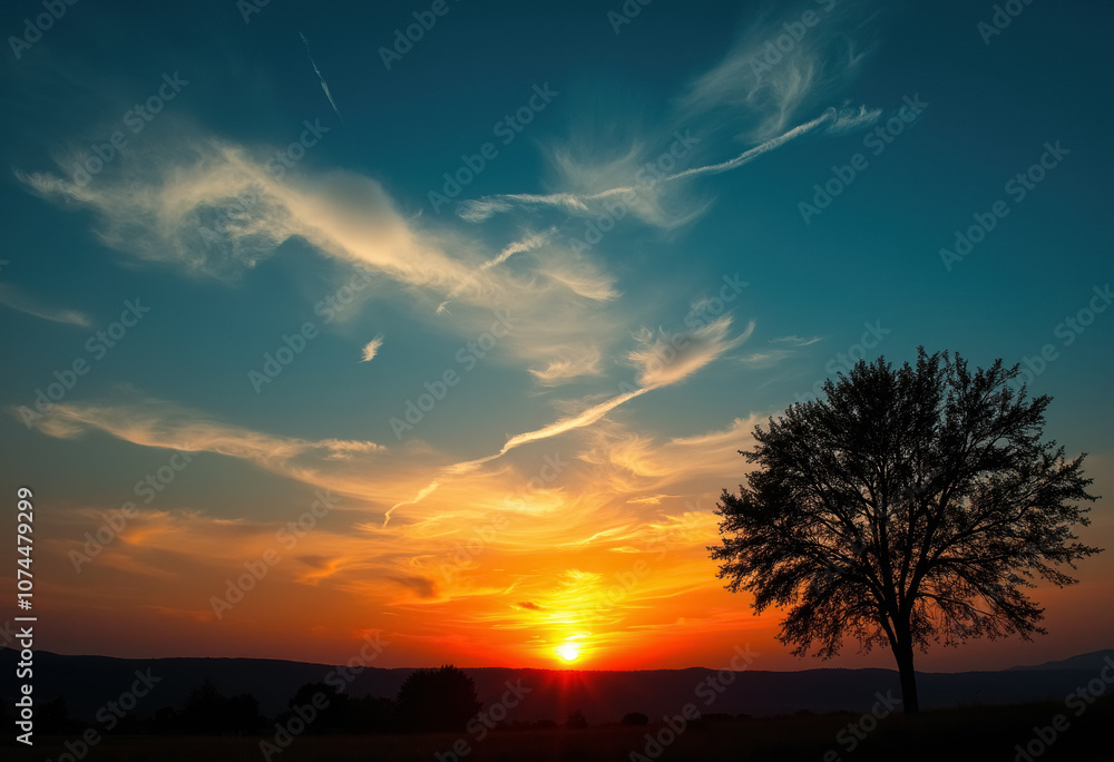 Fototapeta premium A tranquil sunset with a lone tree silhouetted against a colorful sky