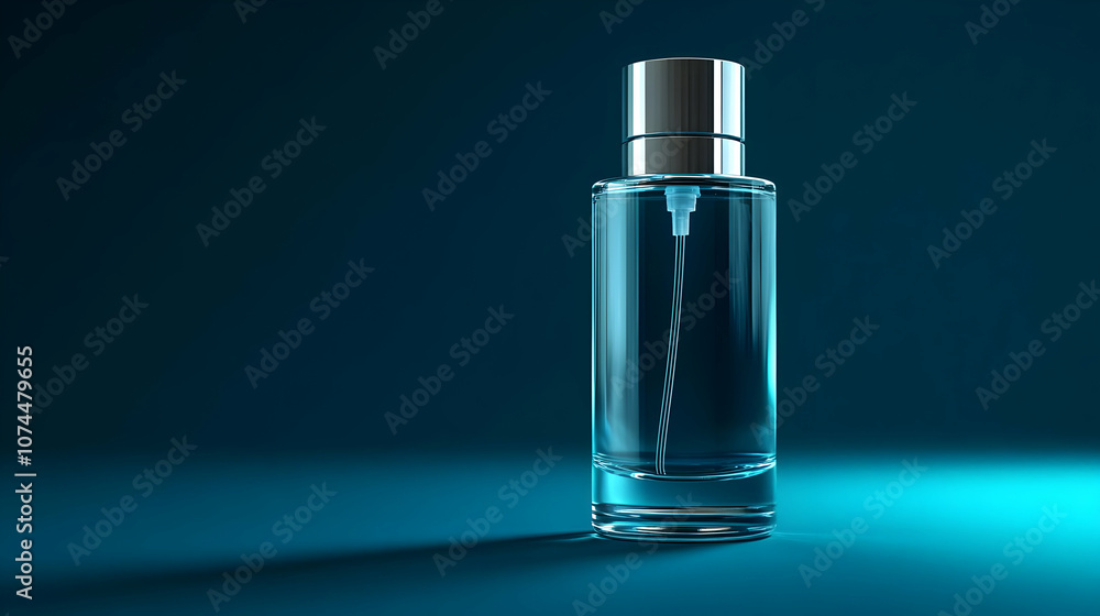 Glass Perfume Bottle 3D Render on Blue Background Glass Perfume Bottle 3D Render on Blue Background