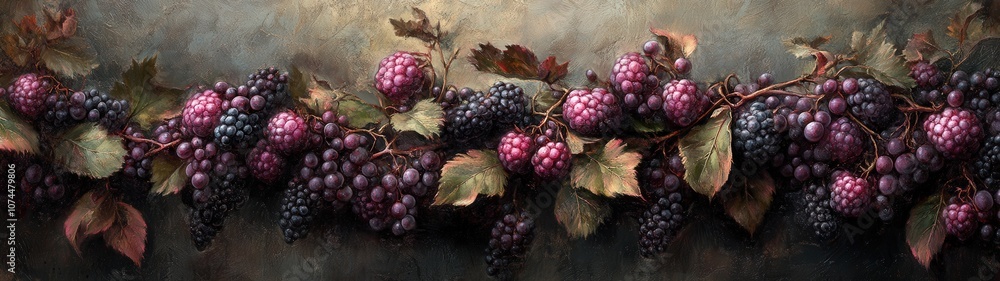 Fototapeta premium A beautiful arrangement of ripe blackberries, highlighted by rich leaves, showcasing nature's bounty and vibrant colors.