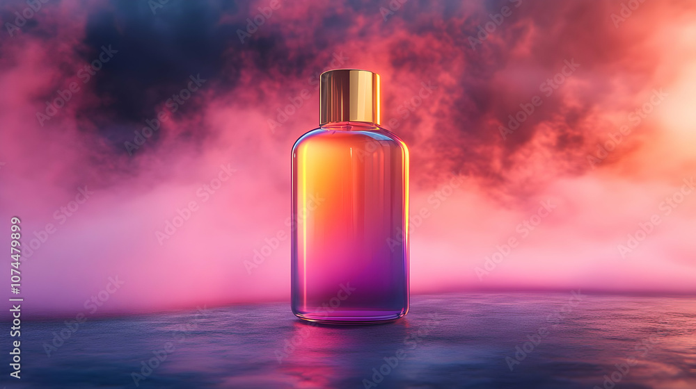 Glass Bottle with Gold Cap on a Pink and Purple Background 3D Illustration