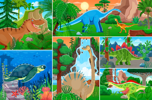 Jurassic era prehistoric dinosaur characters collage with lizards and reptiles, vector background. Cartoon Jurassic dino world collage with funny T-rex dinosaur for kids atlas or encyclopedia