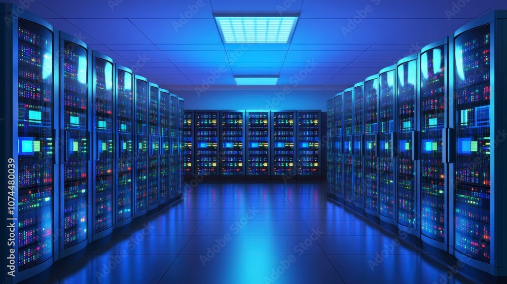 Futuristic Server Room with Glowing Racks and Mainframes Futuristic Server Room with Glowing Racks and Mainframes