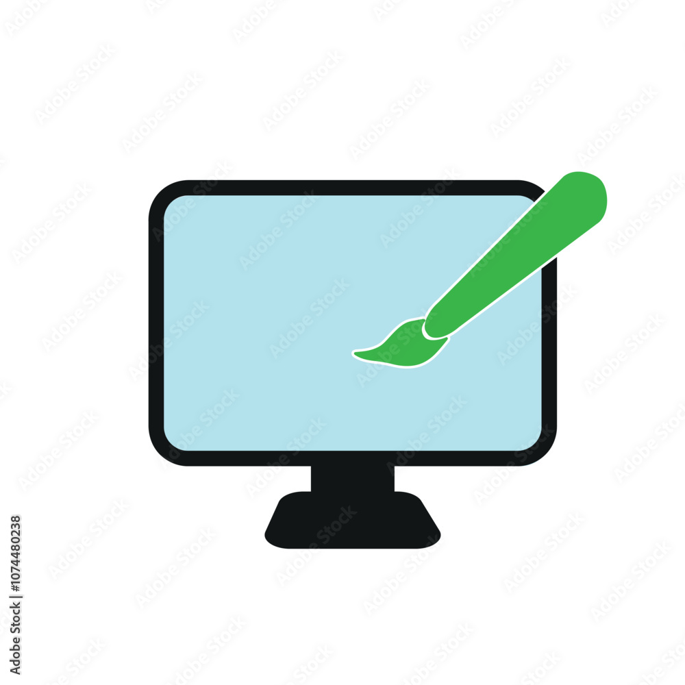 a green brush on a blue monitor screen, on a transparent background a green brush on a blue monitor screen, on a transparent background