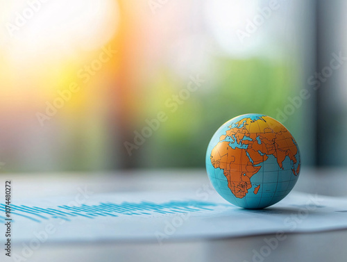 globe representing global expansion sits on document, symbolizing growth strategies. warm sunlight enhances atmosphere of opportunity and exploration
