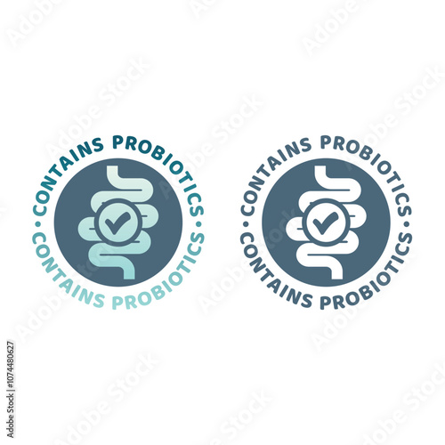 Contains probiotic vector label. Probiotics colorful sticker with bowels.