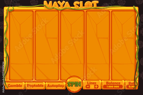 Casino slot machine game UI design, stone gambling mobile app concept for the Maya themed Casino Game. The game user interface with stone basic buttons