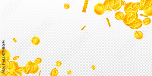 Indian rupee coins falling. Scattered gold INR