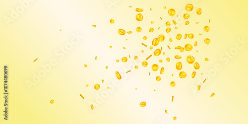 Indian rupee coins falling. Scattered gold INR