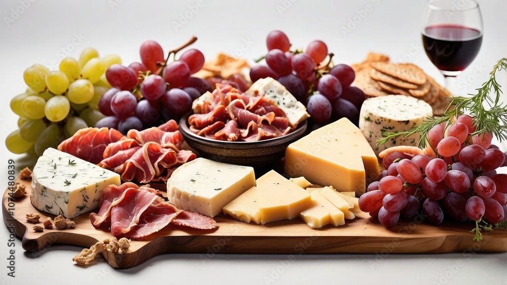A charcuterie board including a variety of meats, cheeses, and grapes set against a clear or white backdrop A charcuterie board including a variety of meats, cheeses, and grapes set against a clear or white backdrop