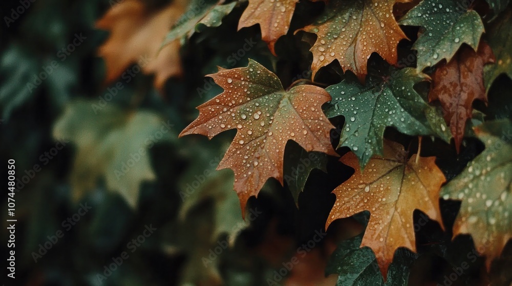 Nature fall leaves with dew droplets, close-up shot, earthy tones of brown, orange, and green, refreshing autumn vibe Nature fall leaves with dew droplets, close-up shot, earthy tones of brown, orange, and green, refreshing autumn vibe