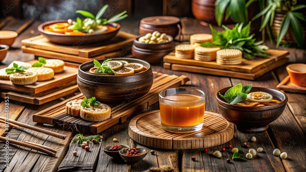 Elegant Bamboo Coasters on a Rustic Wooden Table with Delicious Snacks and Refreshing Drinks for a Cozy Dining Experience in a Natural Setting Elegant Bamboo Coasters on a Rustic Wooden Table with Delicious Snacks and Refreshing Drinks for a Cozy Dining Experience in a Natural Setting