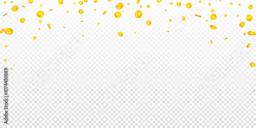 Chinese yuan coins falling. Scattered gold CNY