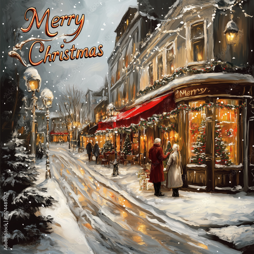 Obraz premium Snowy Winter Night at Vintage Shopping Alley