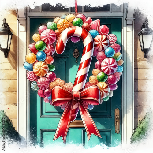 A delightful Christmas candy wreath made of candy canes, gumdrops, and ribbon, hanging on a cheerful front door.