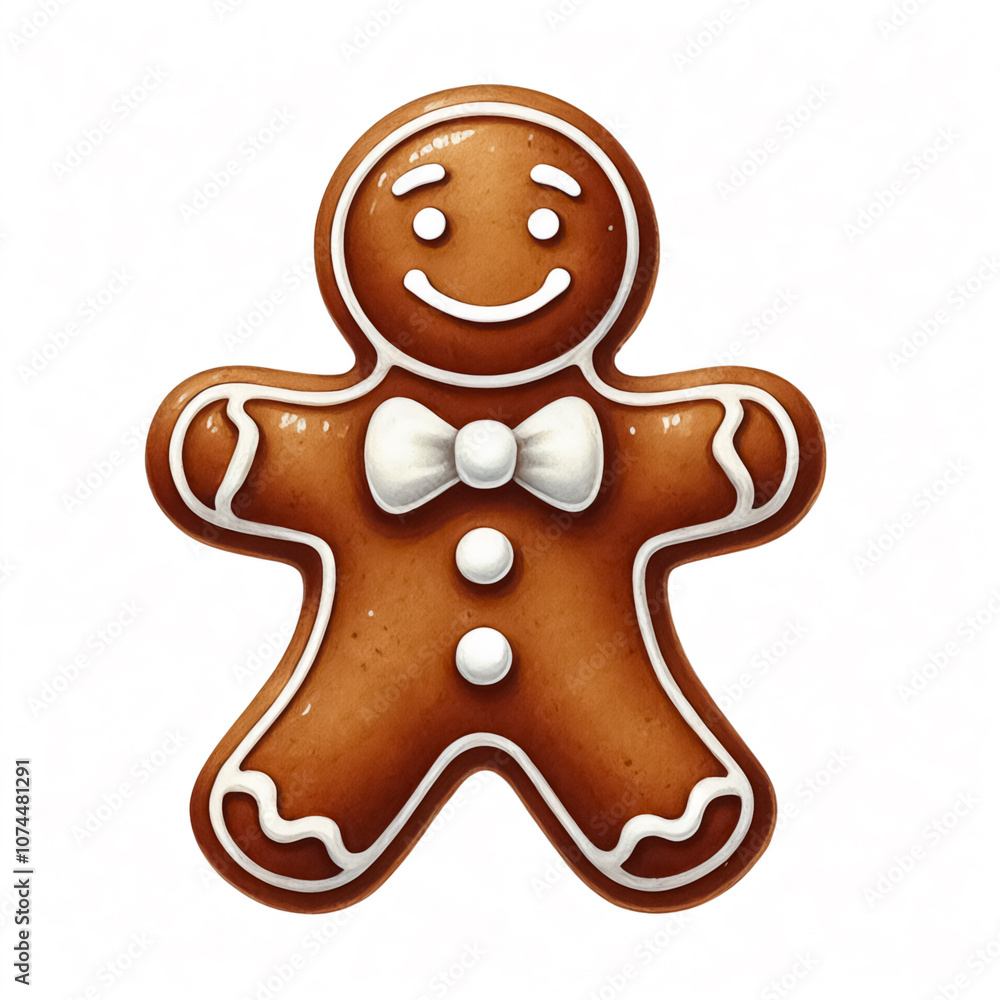 A classic gingerbread man with icing buttons, a smile, and a bowtie. A classic gingerbread man with icing buttons, a smile, and a bowtie.